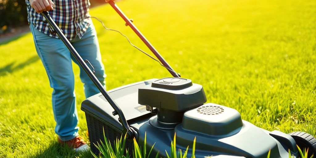 Senior man mowing sunny lawn with green grass.
