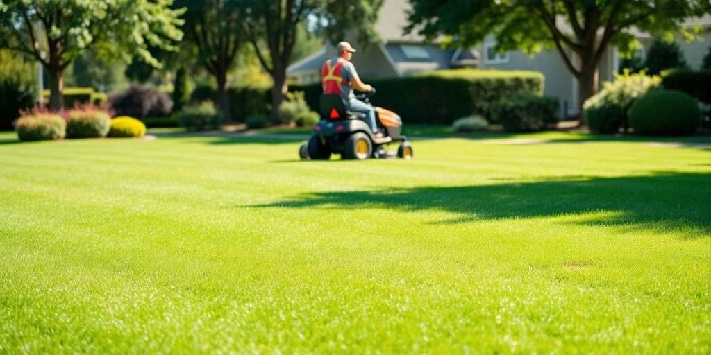 Lawn care expert mowing residential lawn.