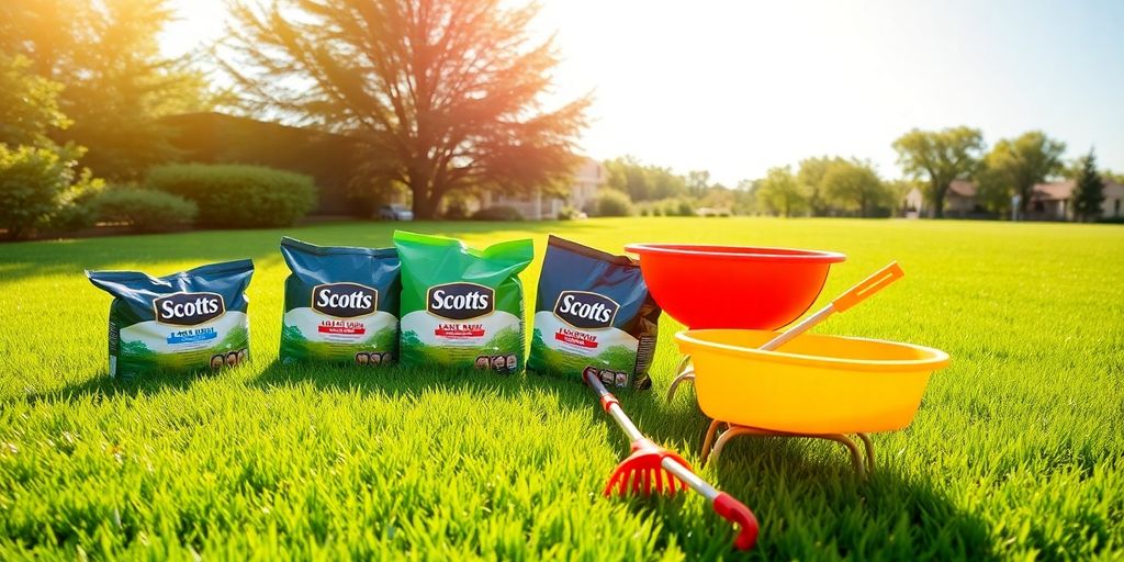 Lush green lawn with Scotts products.