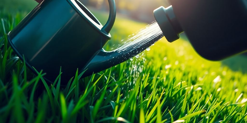 Lush green lawn with watering can.